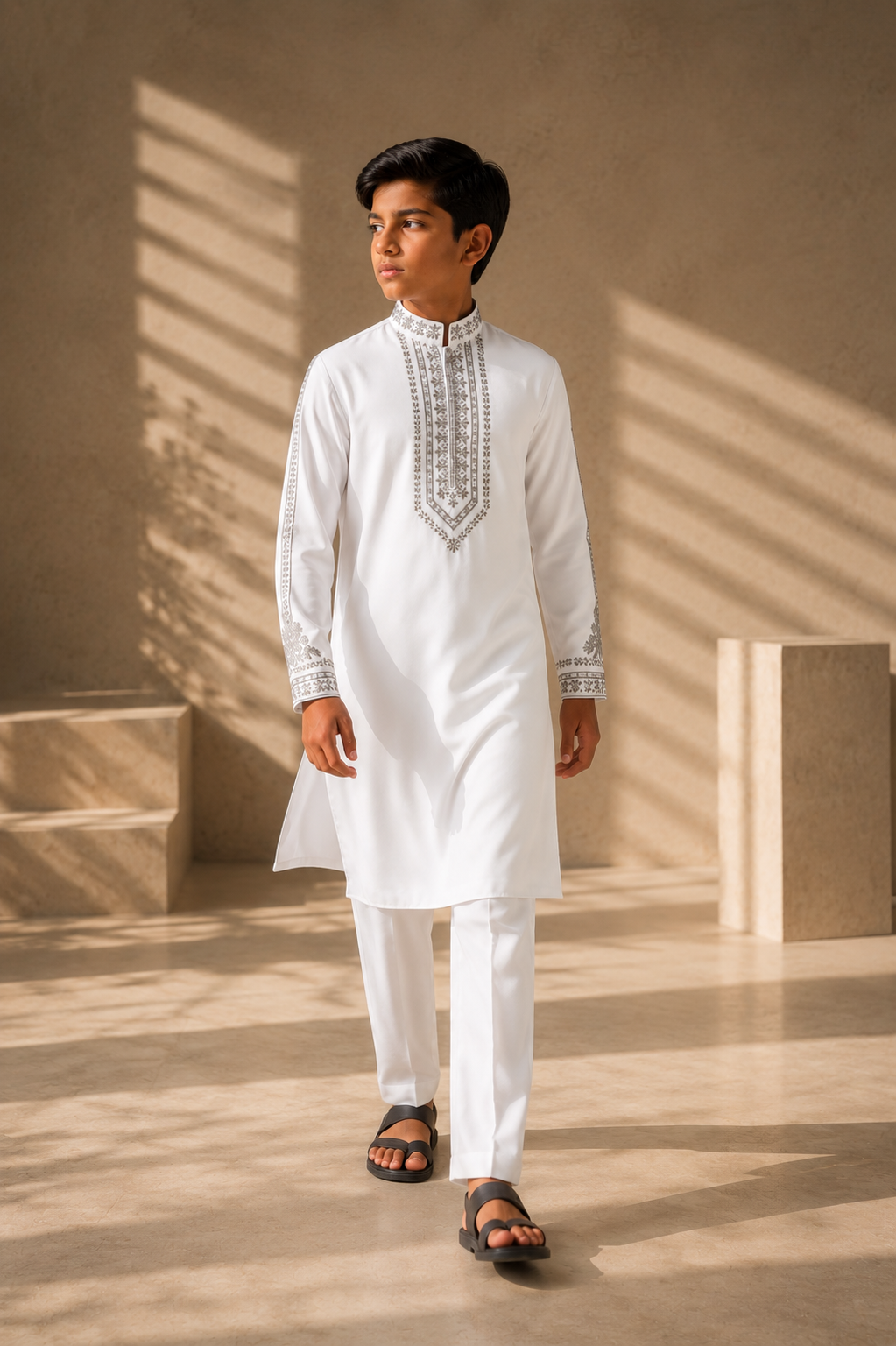 Featuring white knit kurta embelished with metal hand embroidery highlighting placket and sleeves paired with aligarhi pants