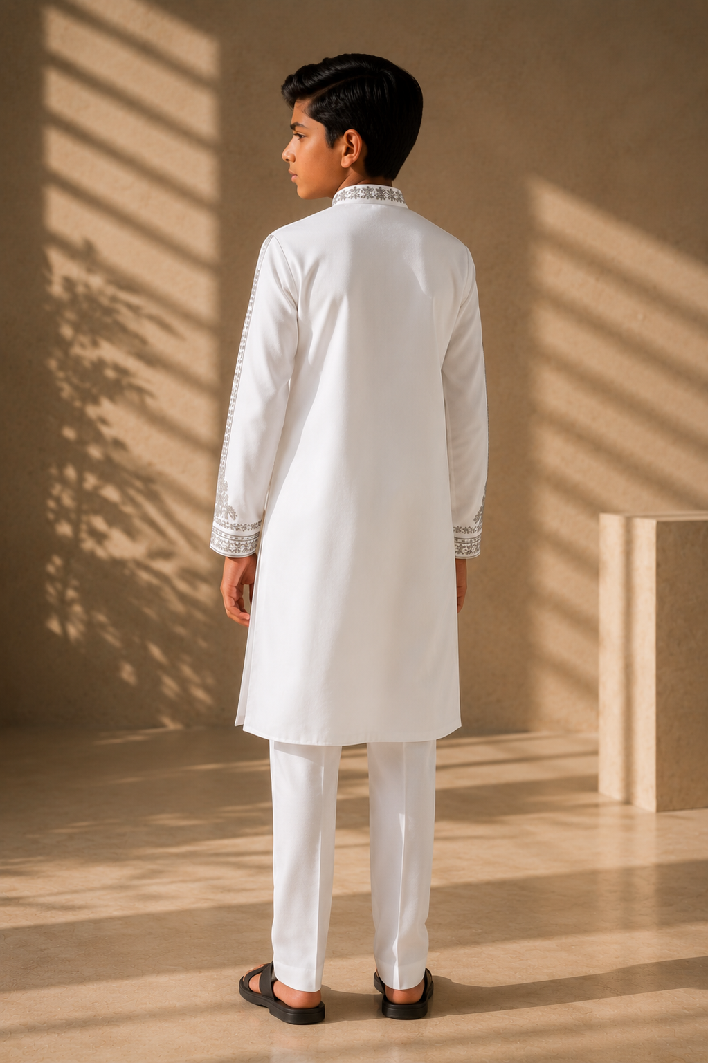 Featuring white knit kurta embelished with metal hand embroidery highlighting placket and sleeves paired with aligarhi pants