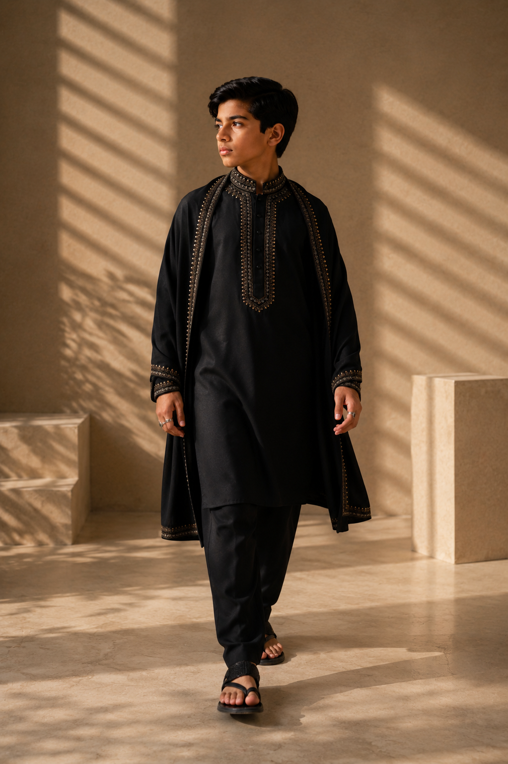Featuring black knit kurta embelished with antique grey metal components around placket along with embroidered stole paired up with aligarhi pants.
