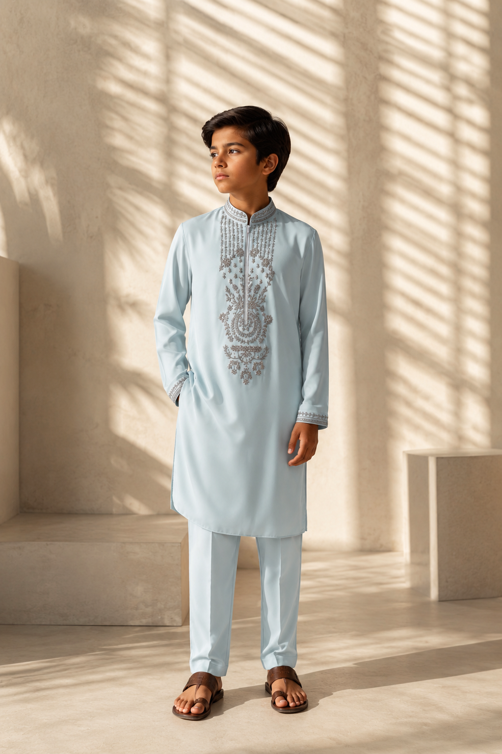 Featuring teal knit kurta embelished with metal components on front placket cuffs and collar paired with aligarhi pants