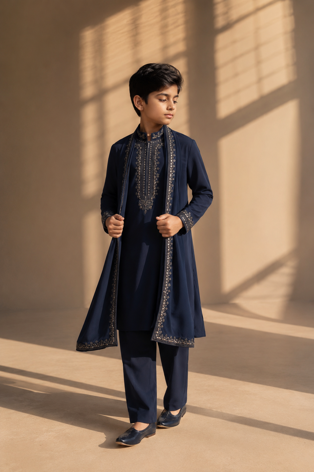 Featuring navy knit kurta embelished with antique grey metal components paired up with embroidered stole and aligarhi pants