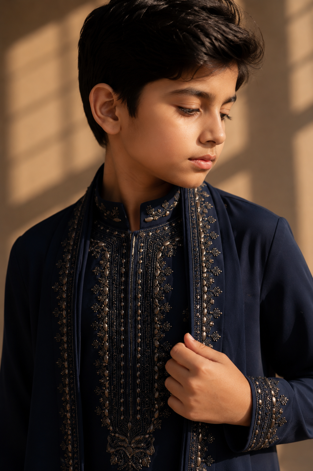 Featuring navy knit kurta embelished with antique grey metal components paired up with embroidered stole and aligarhi pants