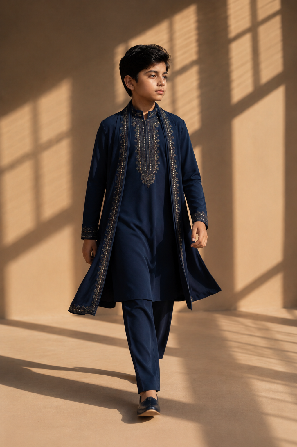 Featuring navy knit kurta embelished with antique grey metal components paired up with embroidered stole and aligarhi pants