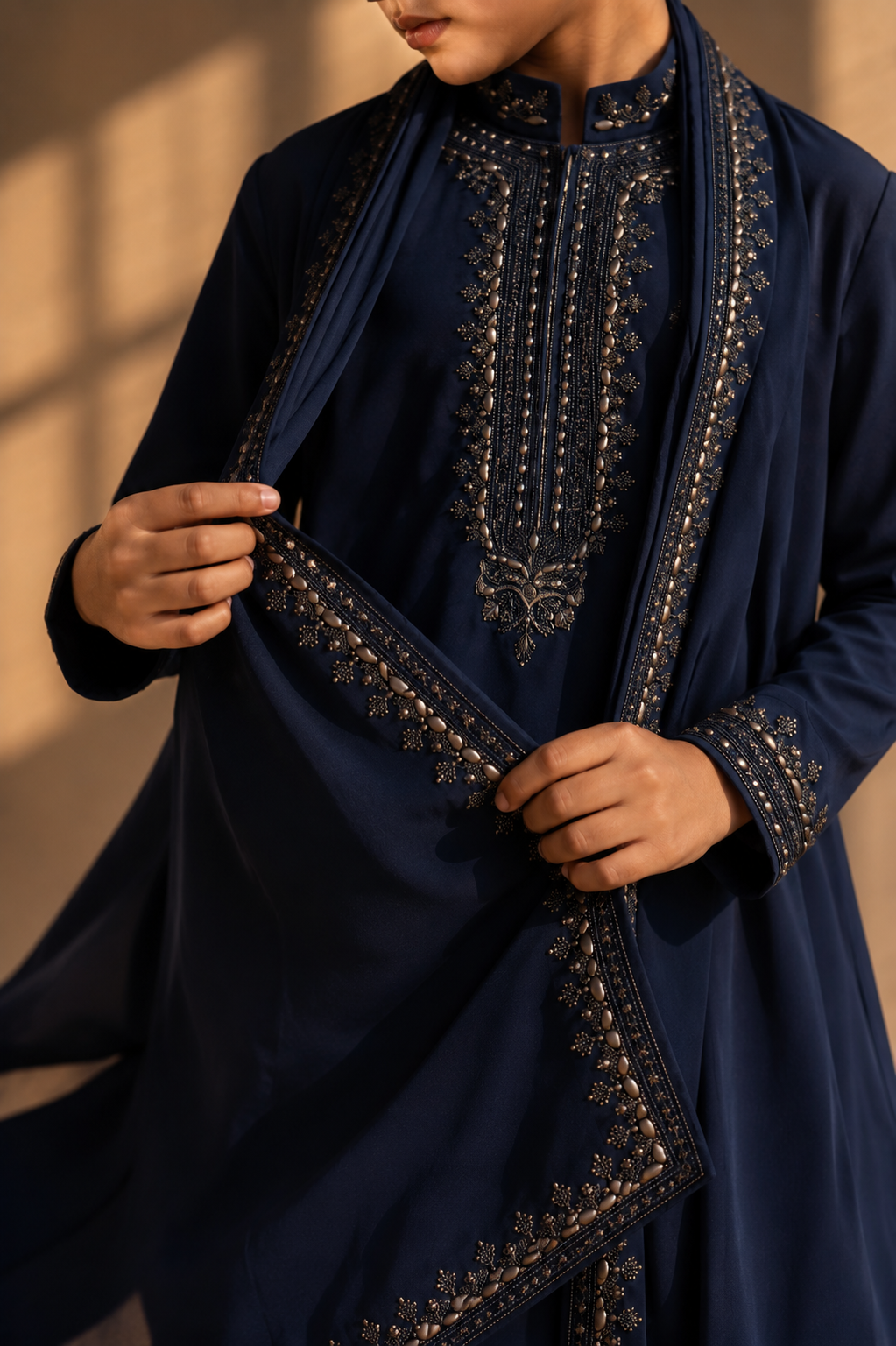Featuring navy knit kurta embelished with antique grey metal components paired up with embroidered stole and aligarhi pants