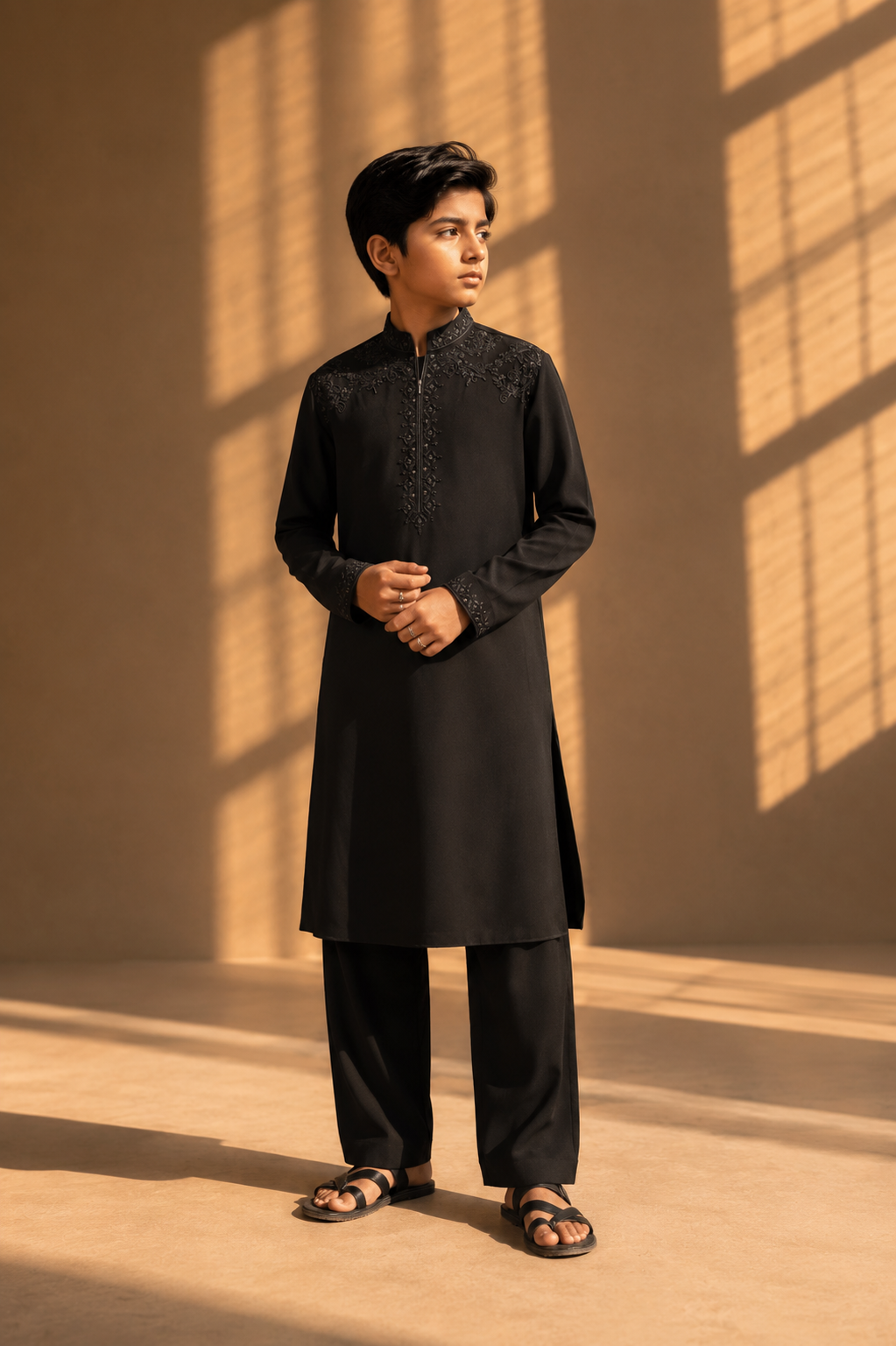 Featuring black knit kurta embelished with antique grey metal components on shoulders and placket paired up with aligarhi pants