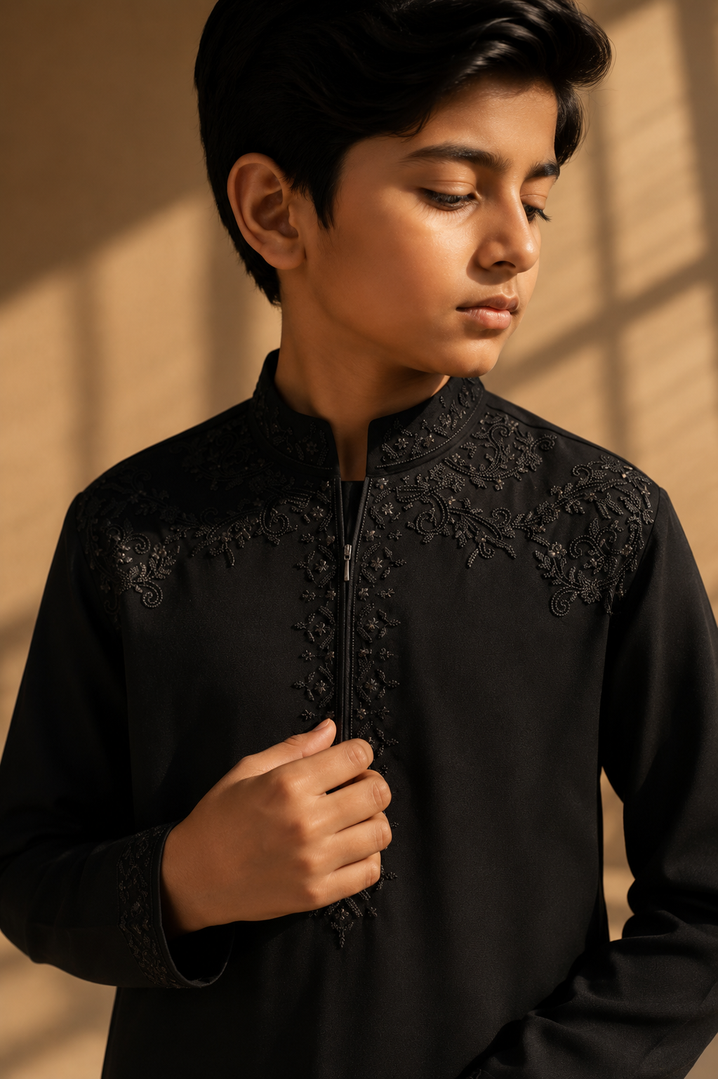 Featuring black knit kurta embelished with antique grey metal components on shoulders and placket paired up with aligarhi pants