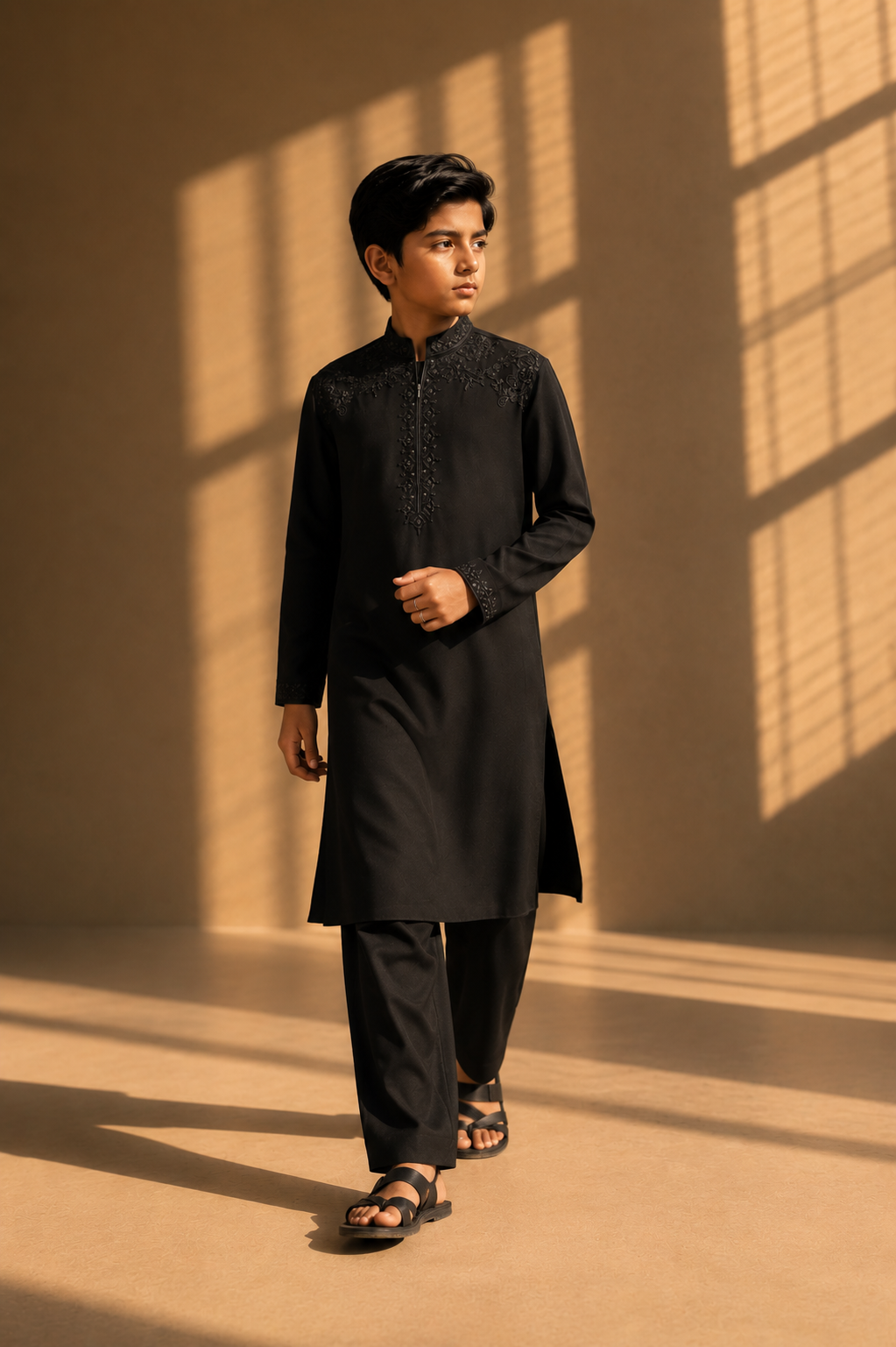 Featuring black knit kurta embelished with antique grey metal components on shoulders and placket paired up with aligarhi pants