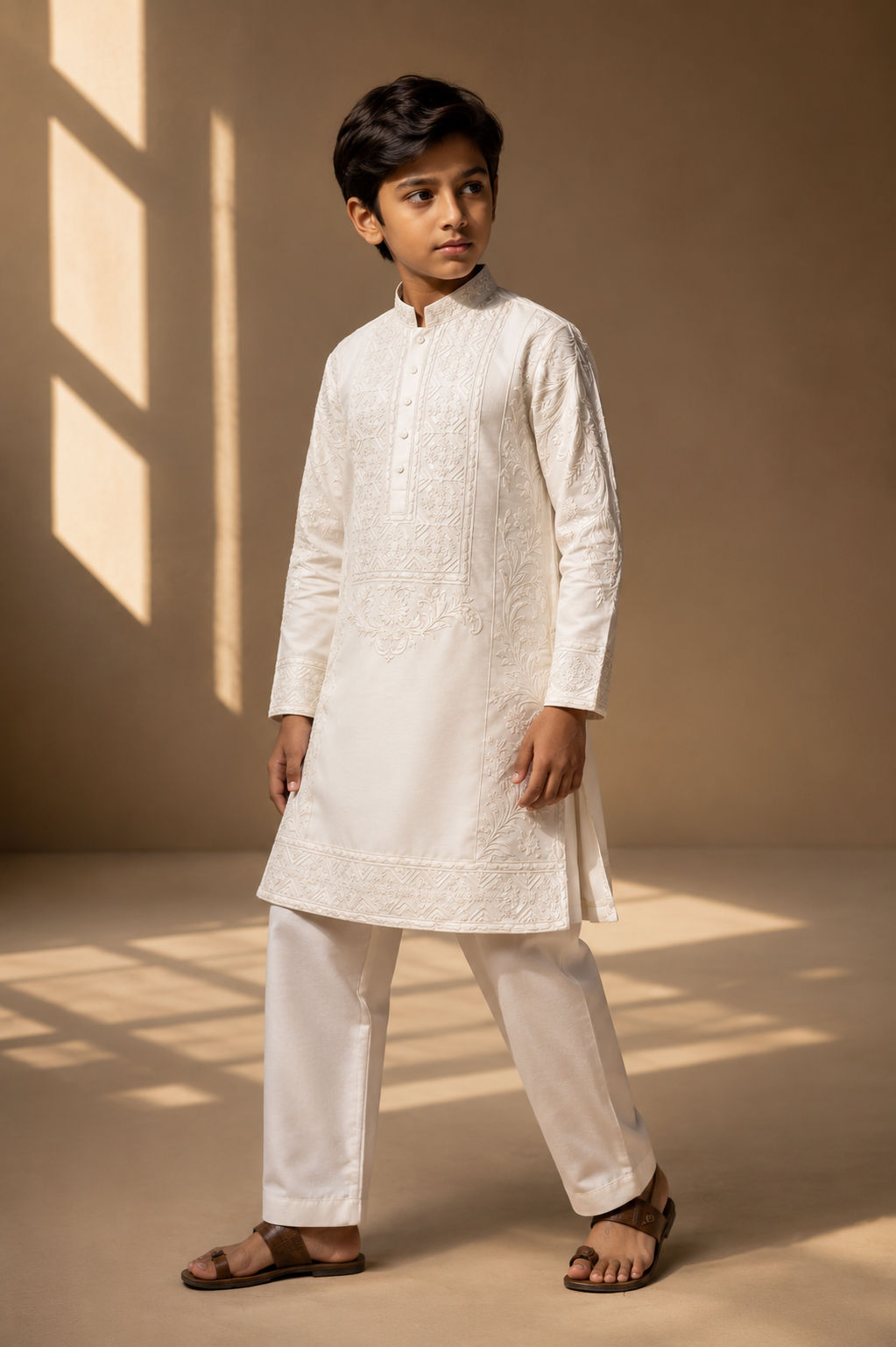 Featuring ivory slik linen kurta with front pannel embroidery with dori paired with aligarhi pants. Perfect attire for day pre wedding occaions