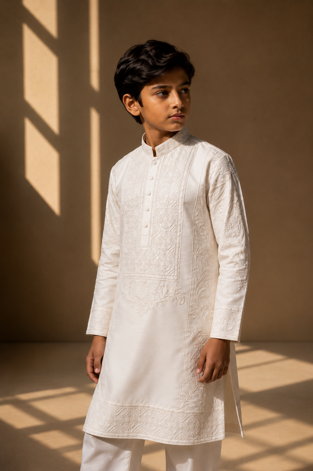 Featuring ivory slik linen kurta with front pannel embroidery with dori paired with aligarhi pants. Perfect attire for day pre wedding occaions