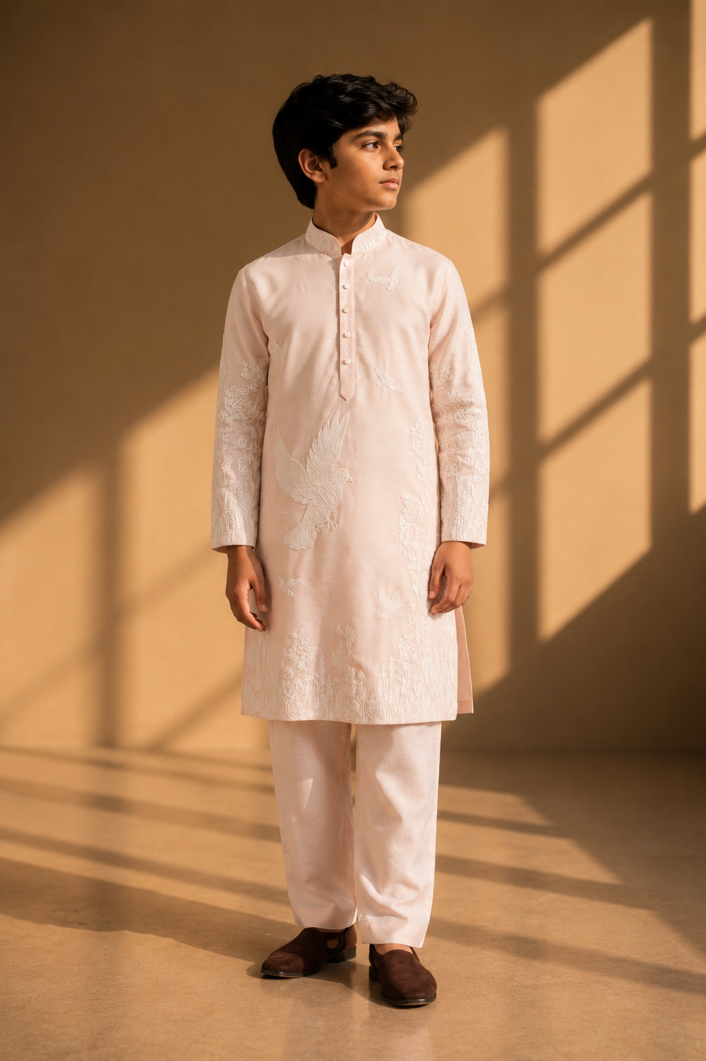 Featuring pink silk linen kurta with ivory dori embroidery on front pannel paired with aligarhi pants. Perfect ensemble for pre wedding occasions