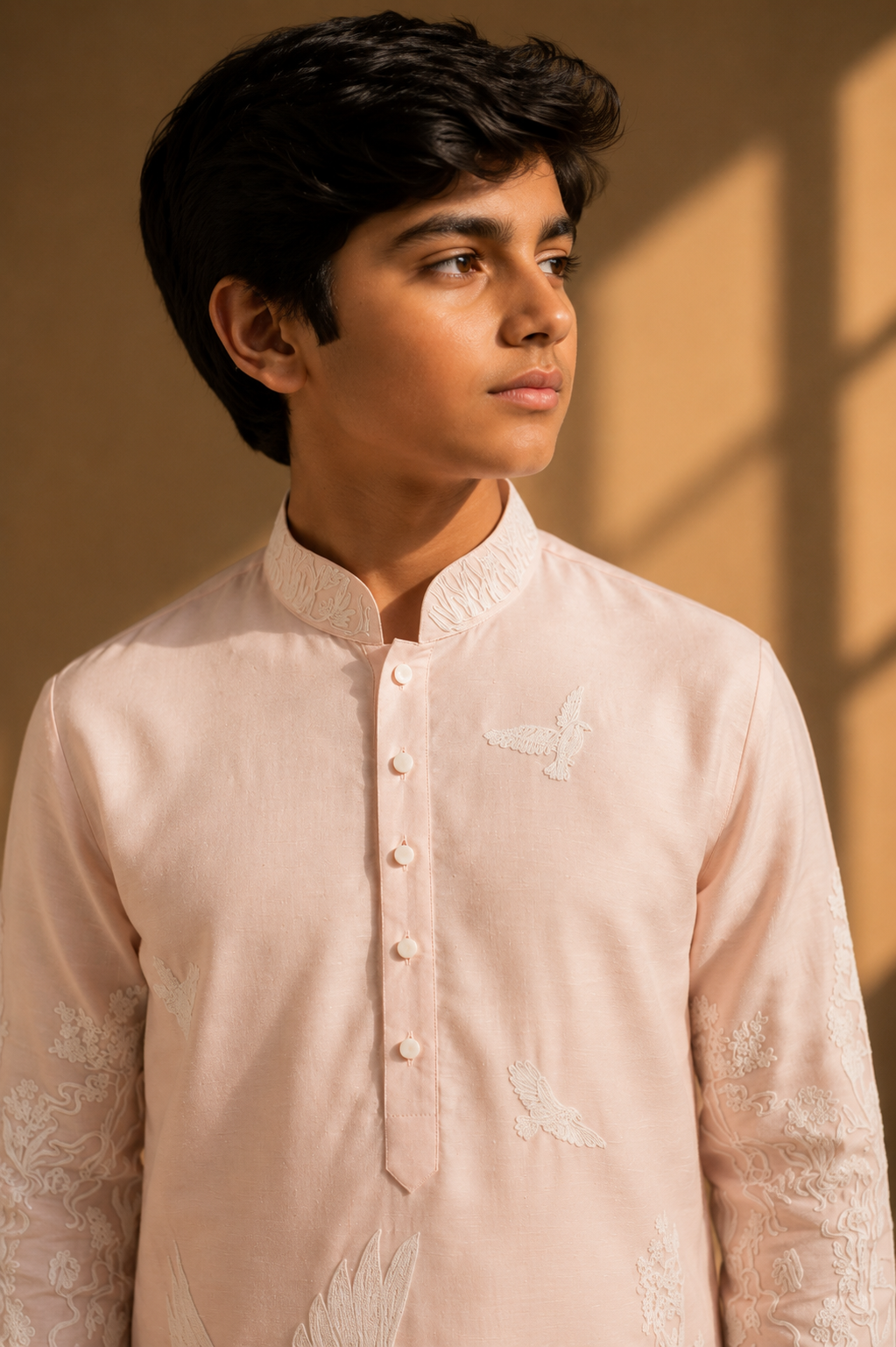Featuring pink silk linen kurta with ivory dori embroidery on front pannel paired with aligarhi pants. Perfect ensemble for pre wedding occasions