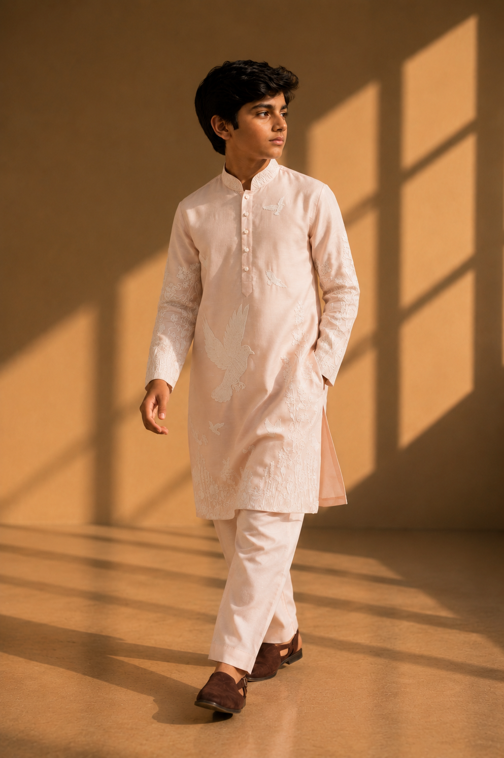 Featuring pink silk linen kurta with ivory dori embroidery on front pannel paired with aligarhi pants. Perfect ensemble for pre wedding occasions