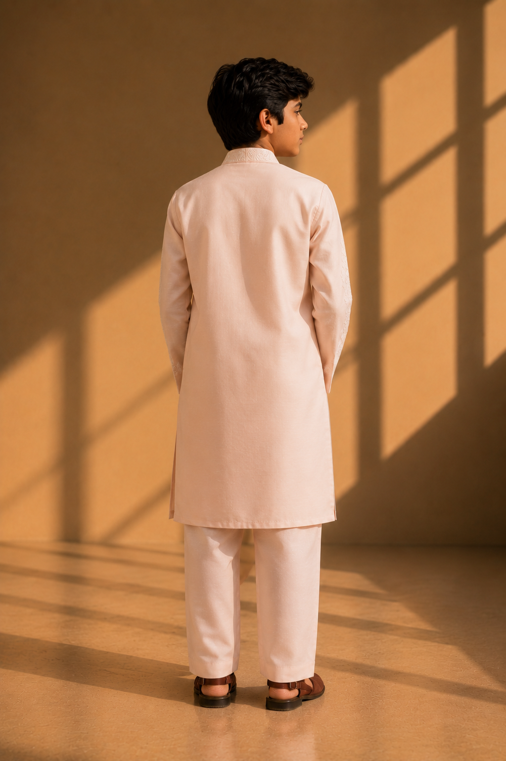 Featuring pink silk linen kurta with ivory dori embroidery on front pannel paired with aligarhi pants. Perfect ensemble for pre wedding occasions