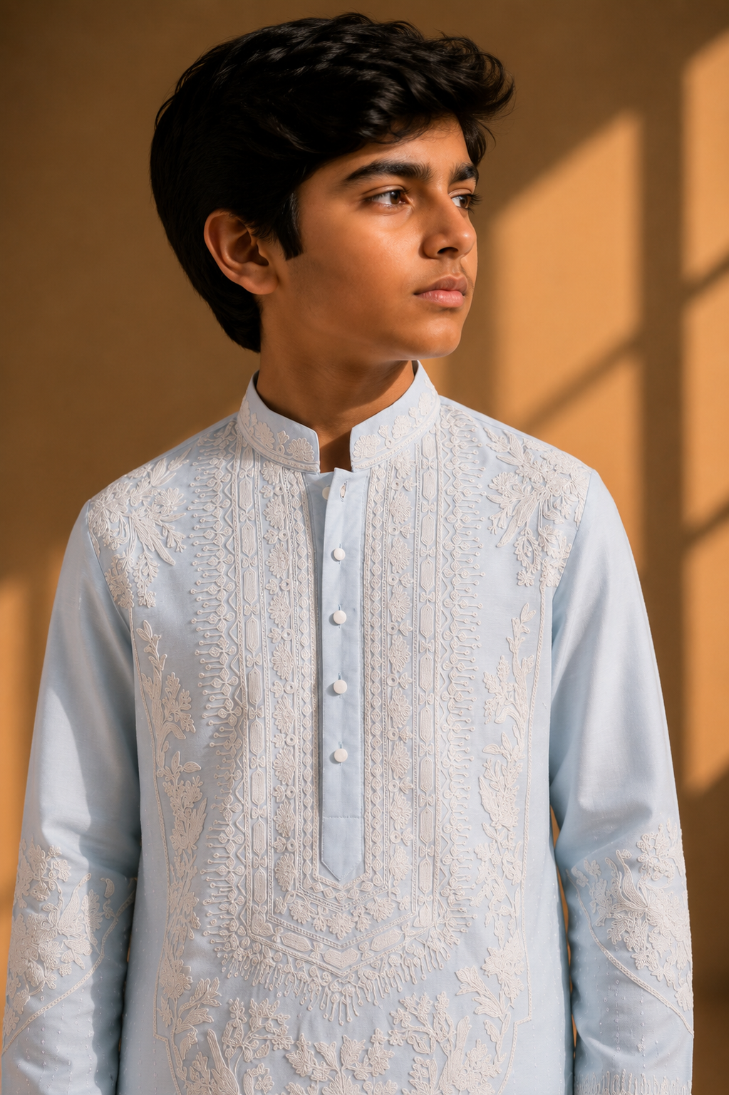 Featuring sky blue silk linen kurta highlighted with persian inspired embroidery pannel in dori embelished with hand embroidery paired with aligarhi pants. Perfrect ensemble for pre wedding occaions