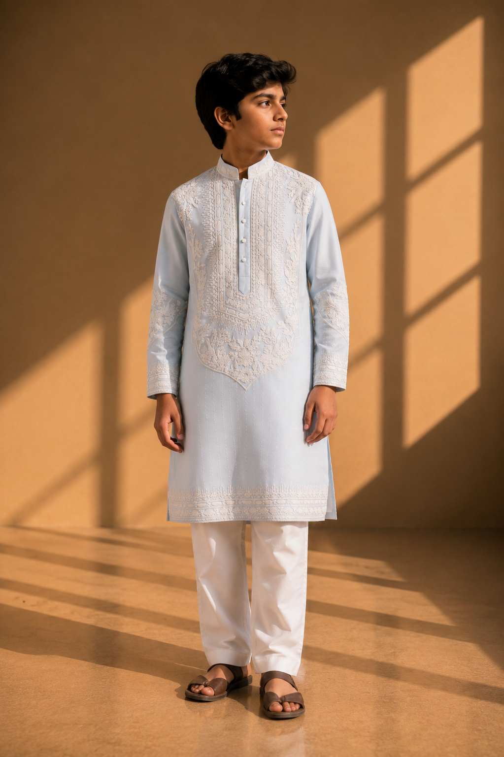 Featuring sky blue silk linen kurta highlighted with persian inspired embroidery pannel in dori embelished with hand embroidery paired with aligarhi pants. Perfrect ensemble for pre wedding occaions