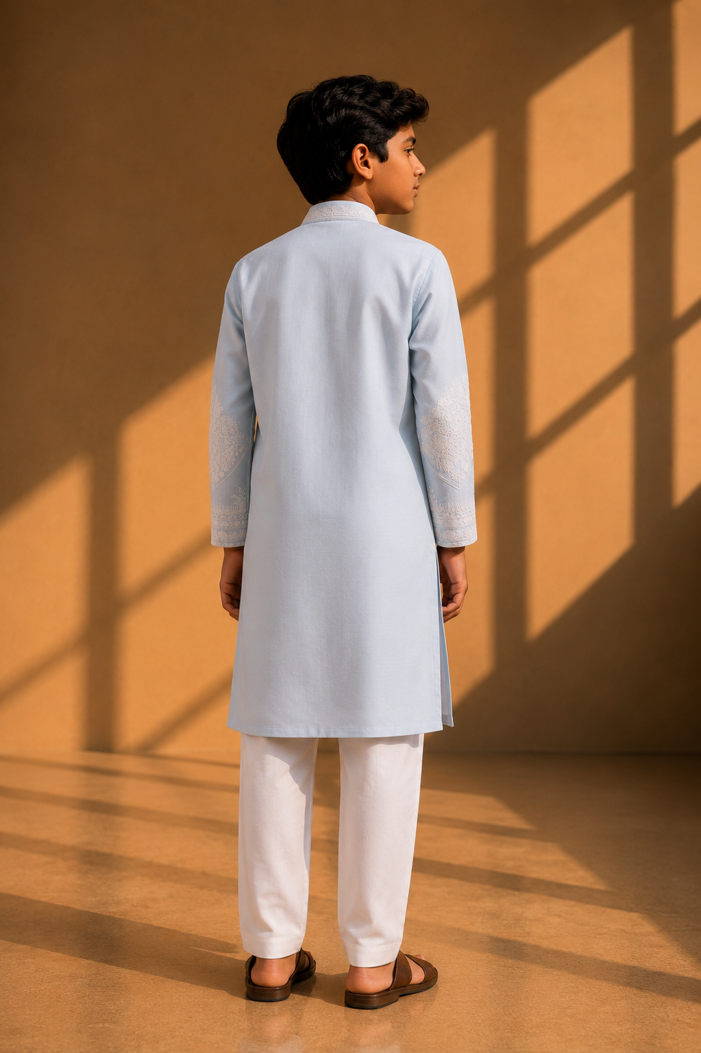 Featuring sky blue silk linen kurta highlighted with persian inspired embroidery pannel in dori embelished with hand embroidery paired with aligarhi pants. Perfrect ensemble for pre wedding occaions