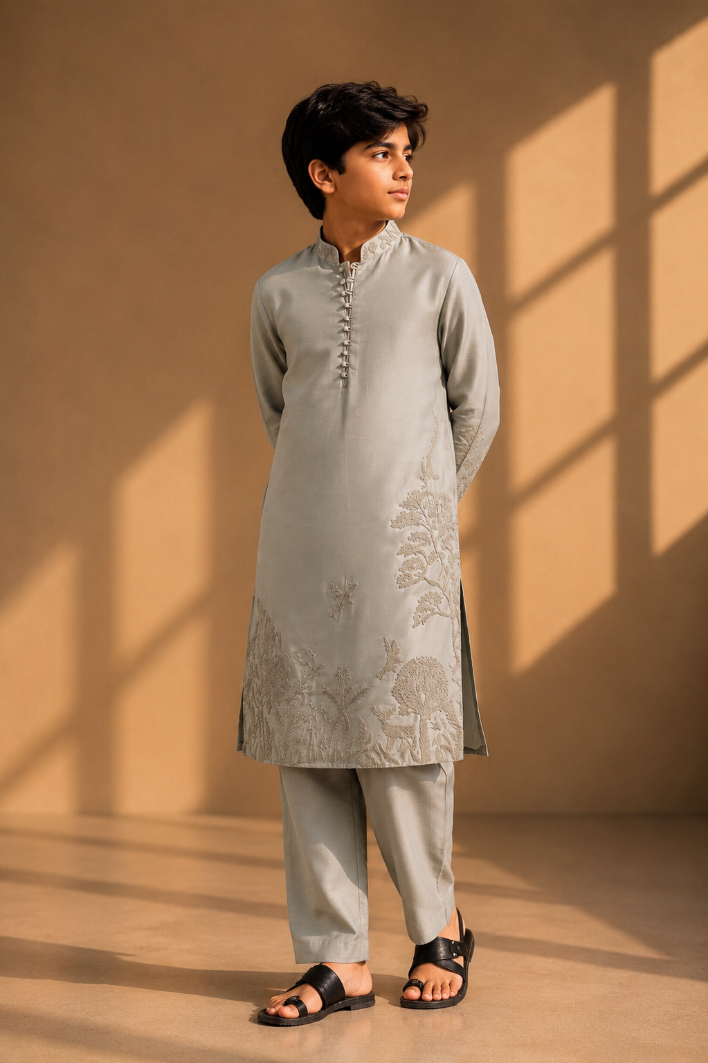 Featuring olive green kurta with dori embroidery on bottom pannel paired with aligarhi pants. Perfect attire for mehndi occaions