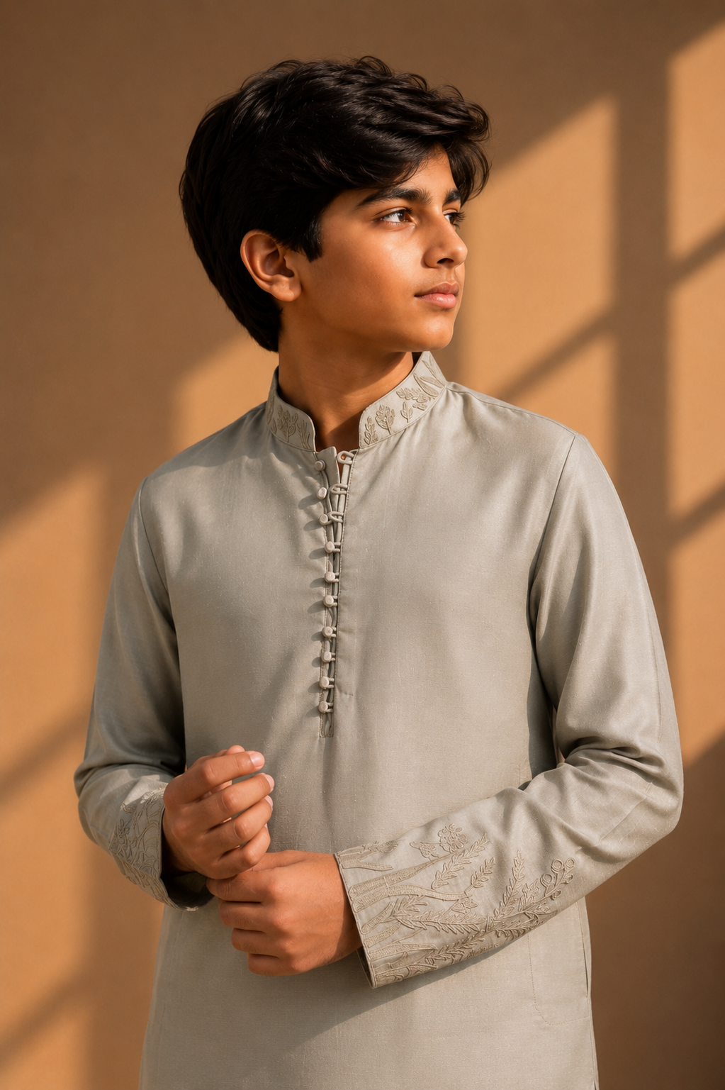 Featuring olive green kurta with dori embroidery on bottom pannel paired with aligarhi pants. Perfect attire for mehndi occaions