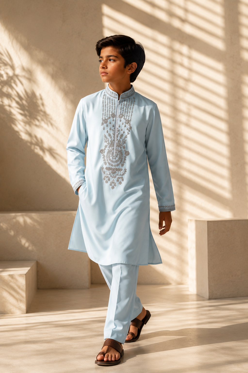 Featuring teal knit kurta embelished with metal components on front placket cuffs and collar paired with aligarhi pants