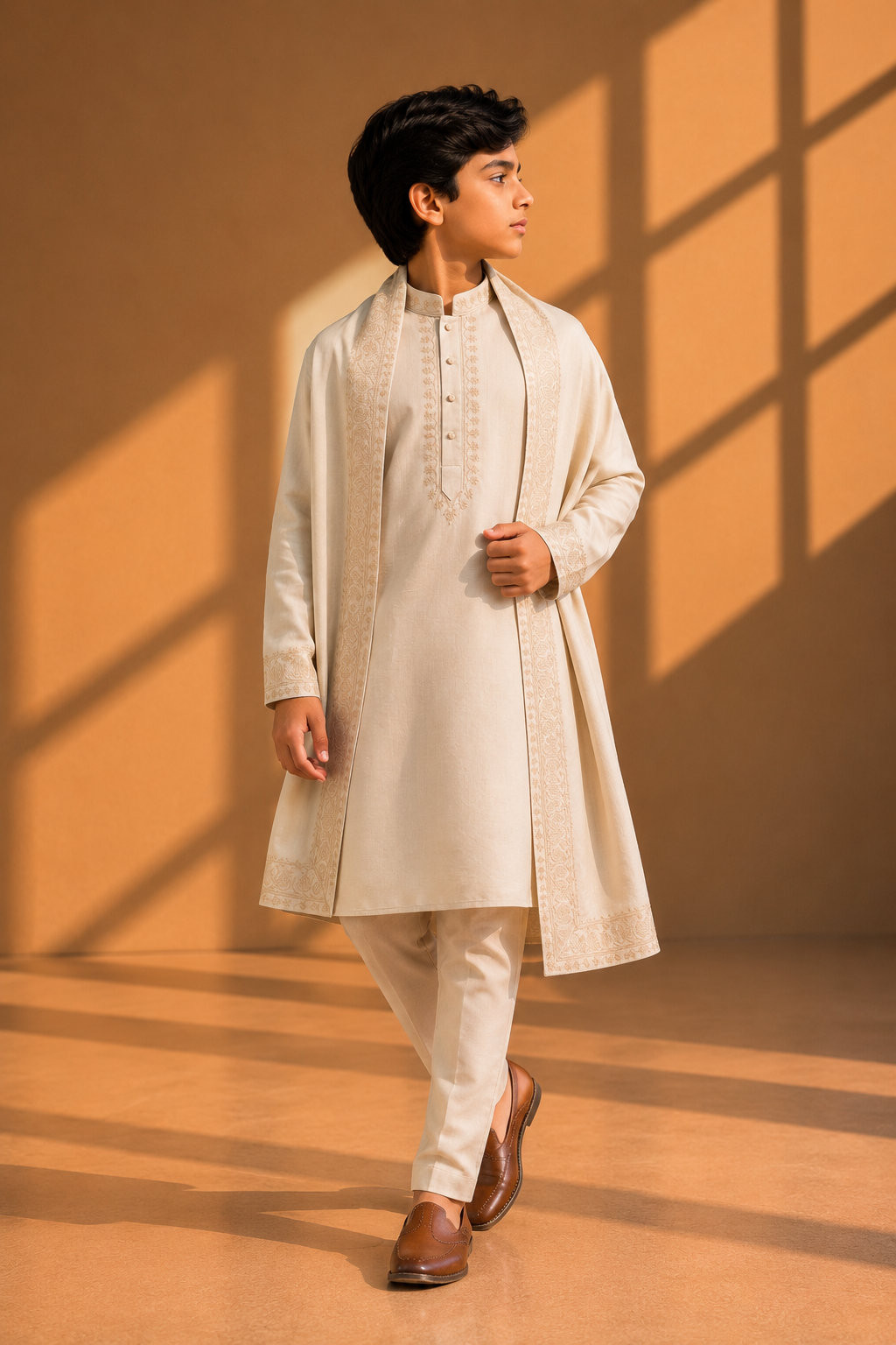 Featuring beige bamboo silk fabric kurta embelished with ari embroidery with zari thread complimented with stole paired with aligarhi pants