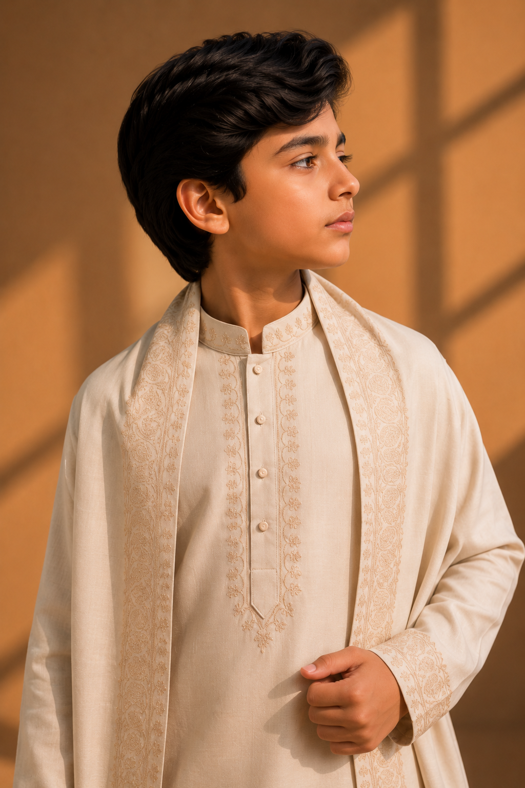 Featuring beige bamboo silk fabric kurta embelished with ari embroidery with zari thread complimented with stole paired with aligarhi pants