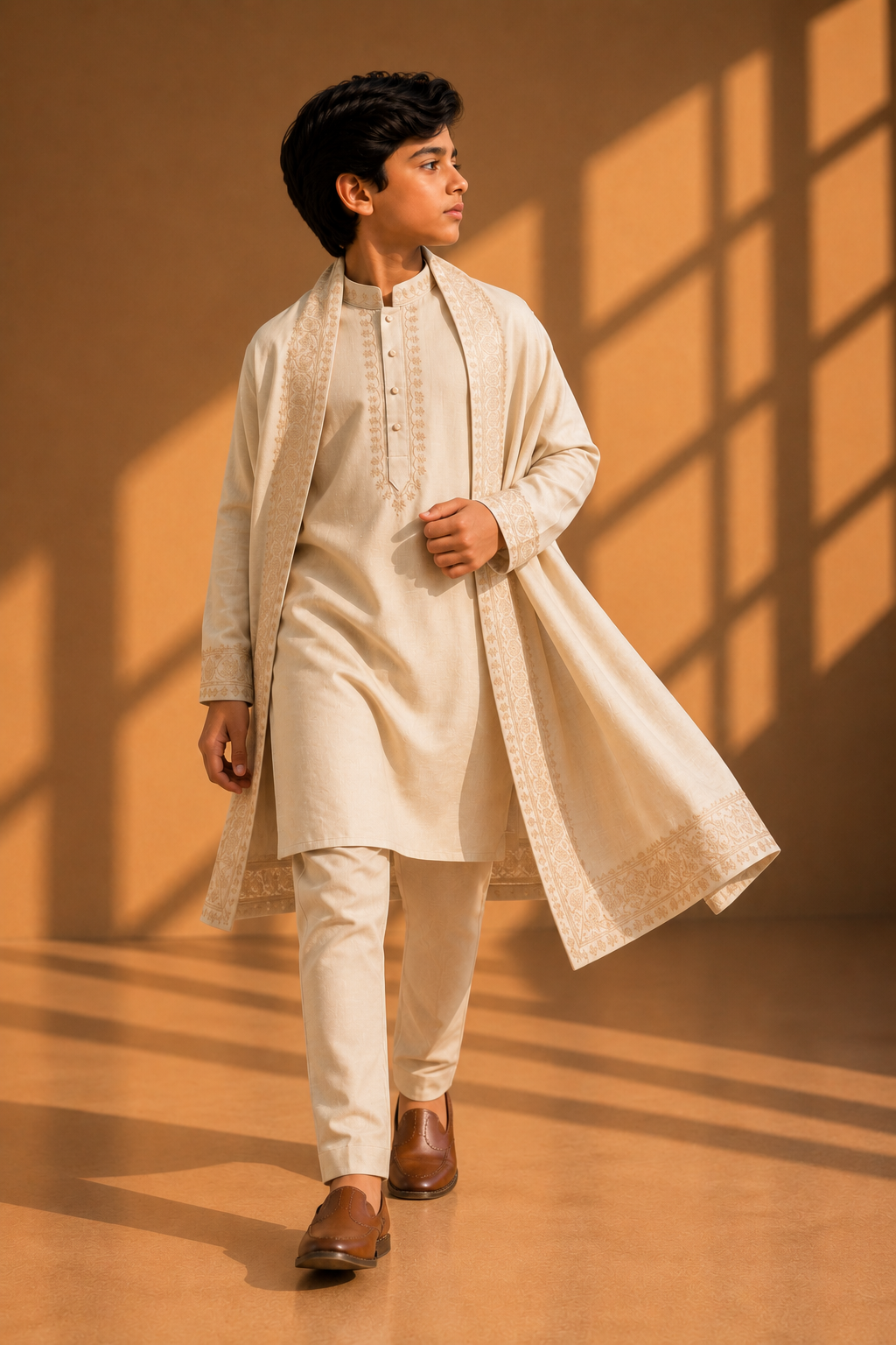 Featuring beige bamboo silk fabric kurta embelished with ari embroidery with zari thread complimented with stole paired with aligarhi pants