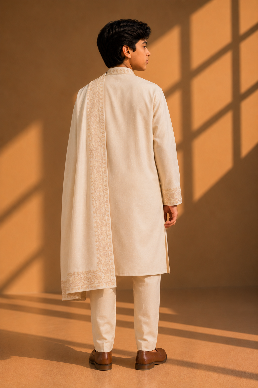 Featuring beige bamboo silk fabric kurta embelished with ari embroidery with zari thread complimented with stole paired with aligarhi pants