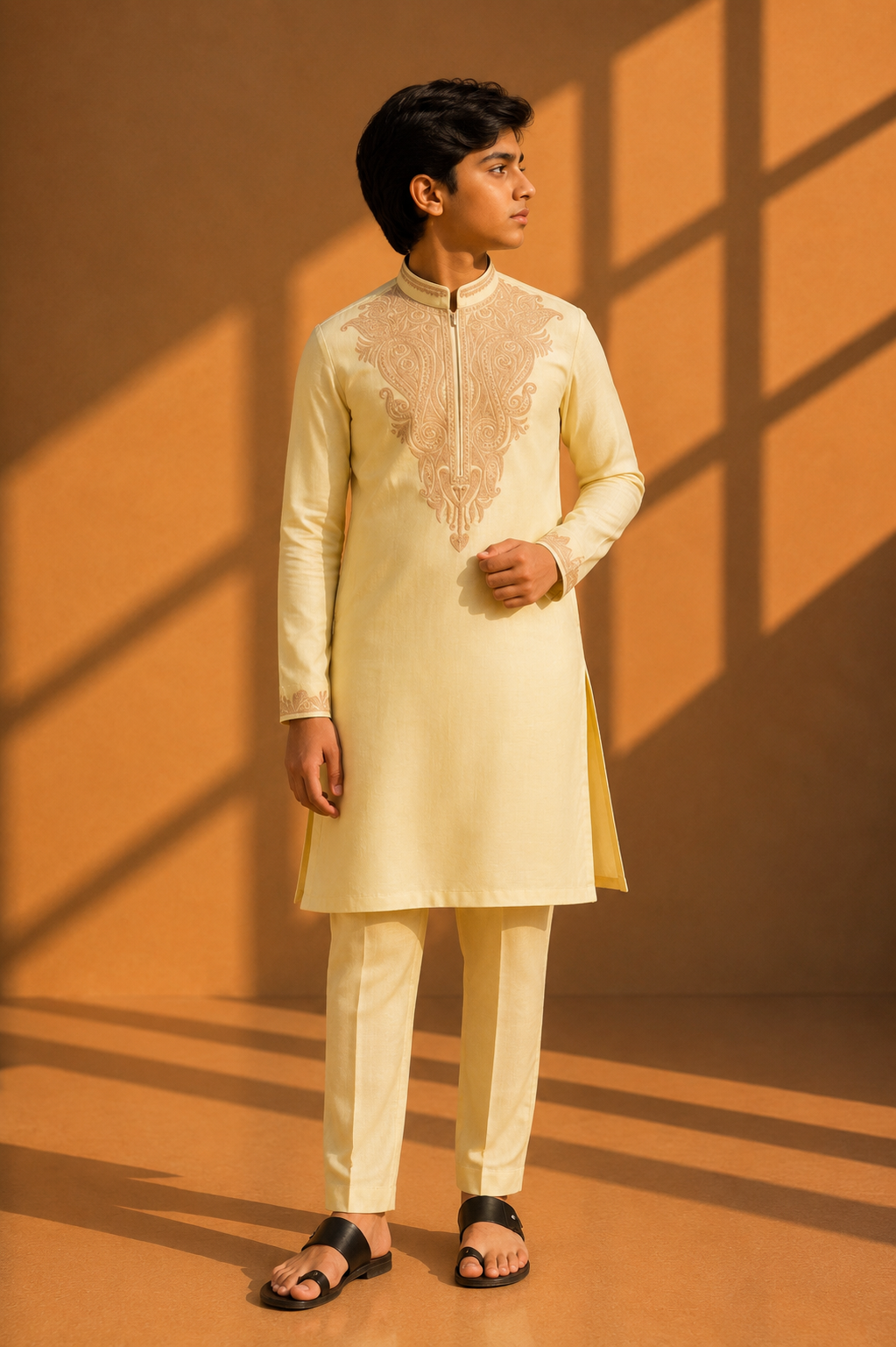 Featuring lime bamboo silk kurta highlighted with ari embroidery with zari thread paired with aligarhi pants