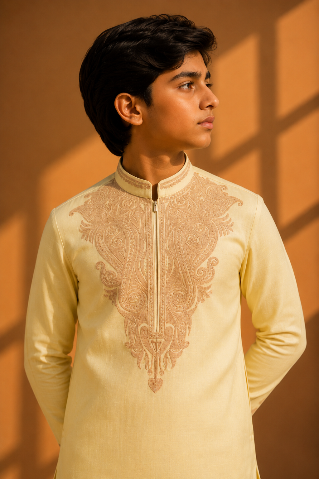 Featuring lime bamboo silk kurta highlighted with ari embroidery with zari thread paired with aligarhi pants