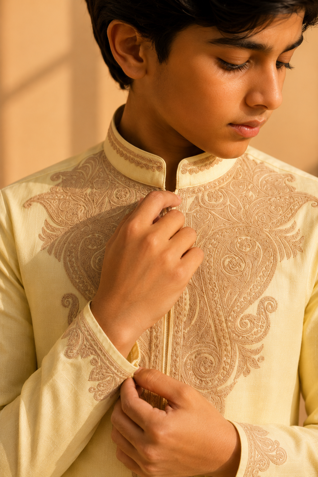 Featuring lime bamboo silk kurta highlighted with ari embroidery with zari thread paired with aligarhi pants