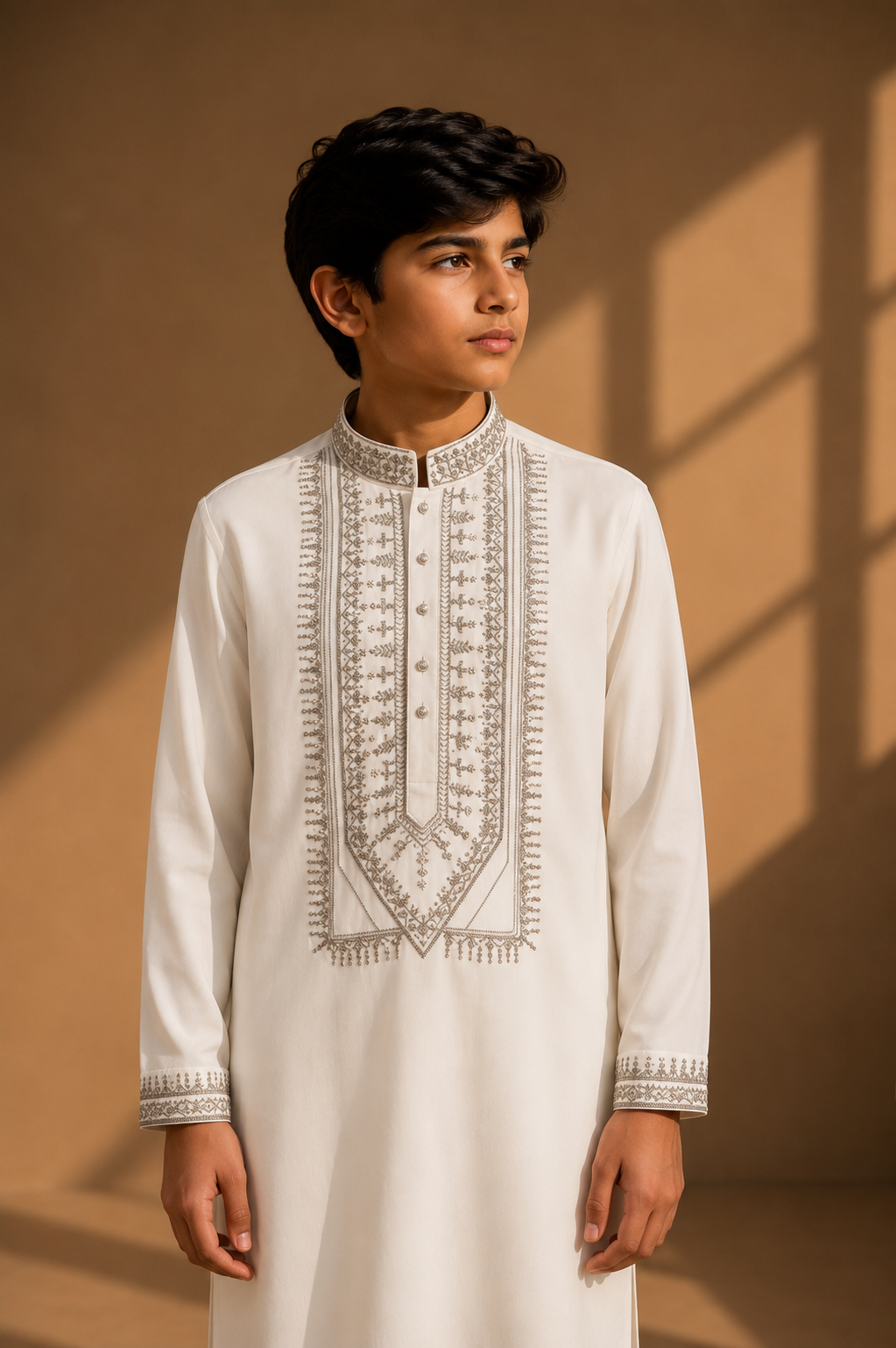 Featuring ivory knit fabric kurta highlighted with metal components around placket and cuffs paired with aligarhi pants