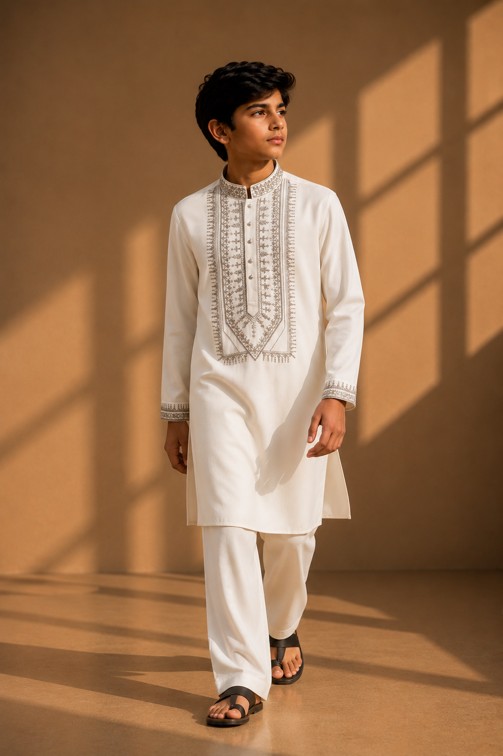 Featuring ivory knit fabric kurta highlighted with metal components around placket and cuffs paired with aligarhi pants