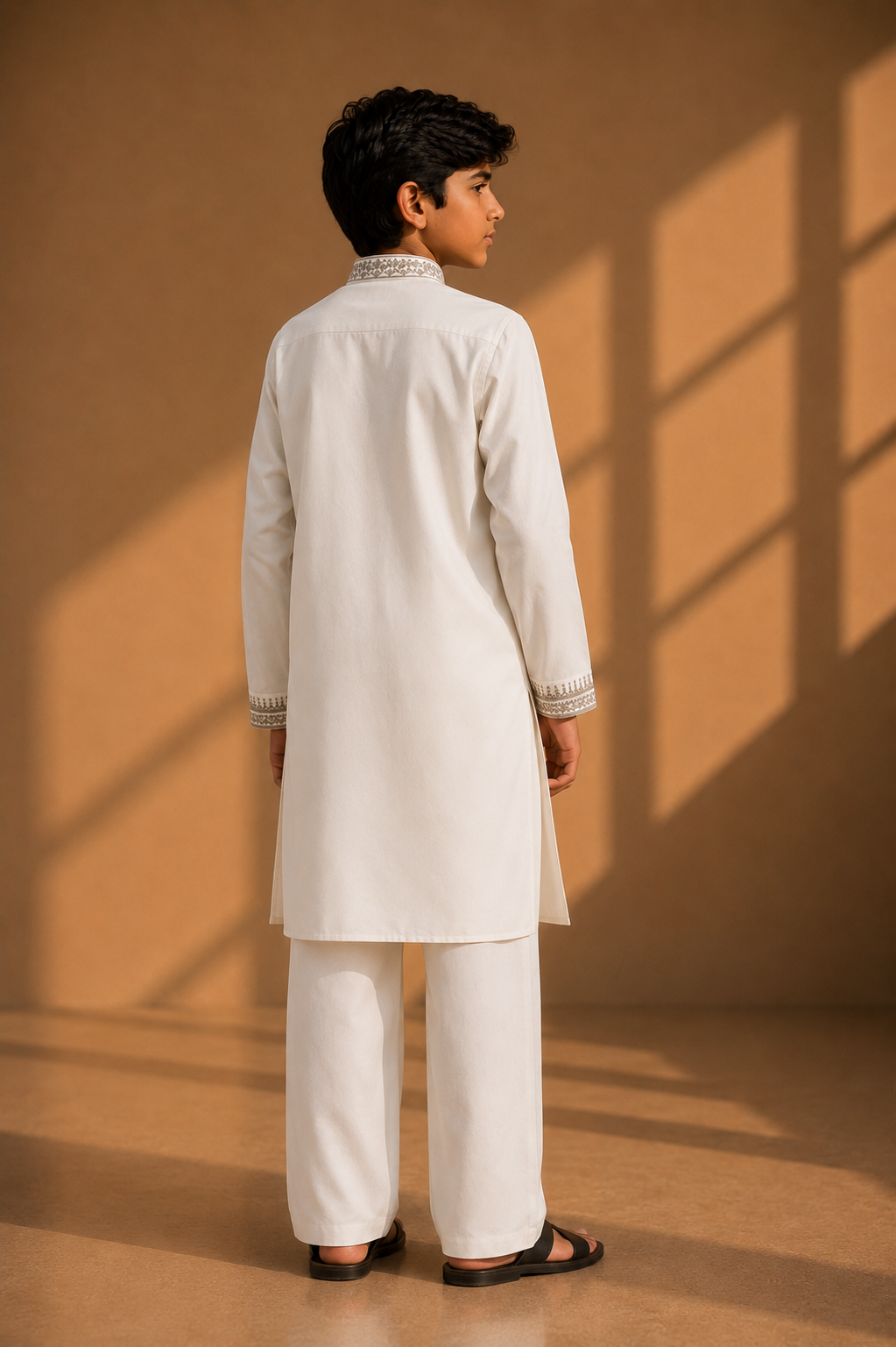 Featuring ivory knit fabric kurta highlighted with metal components around placket and cuffs paired with aligarhi pants