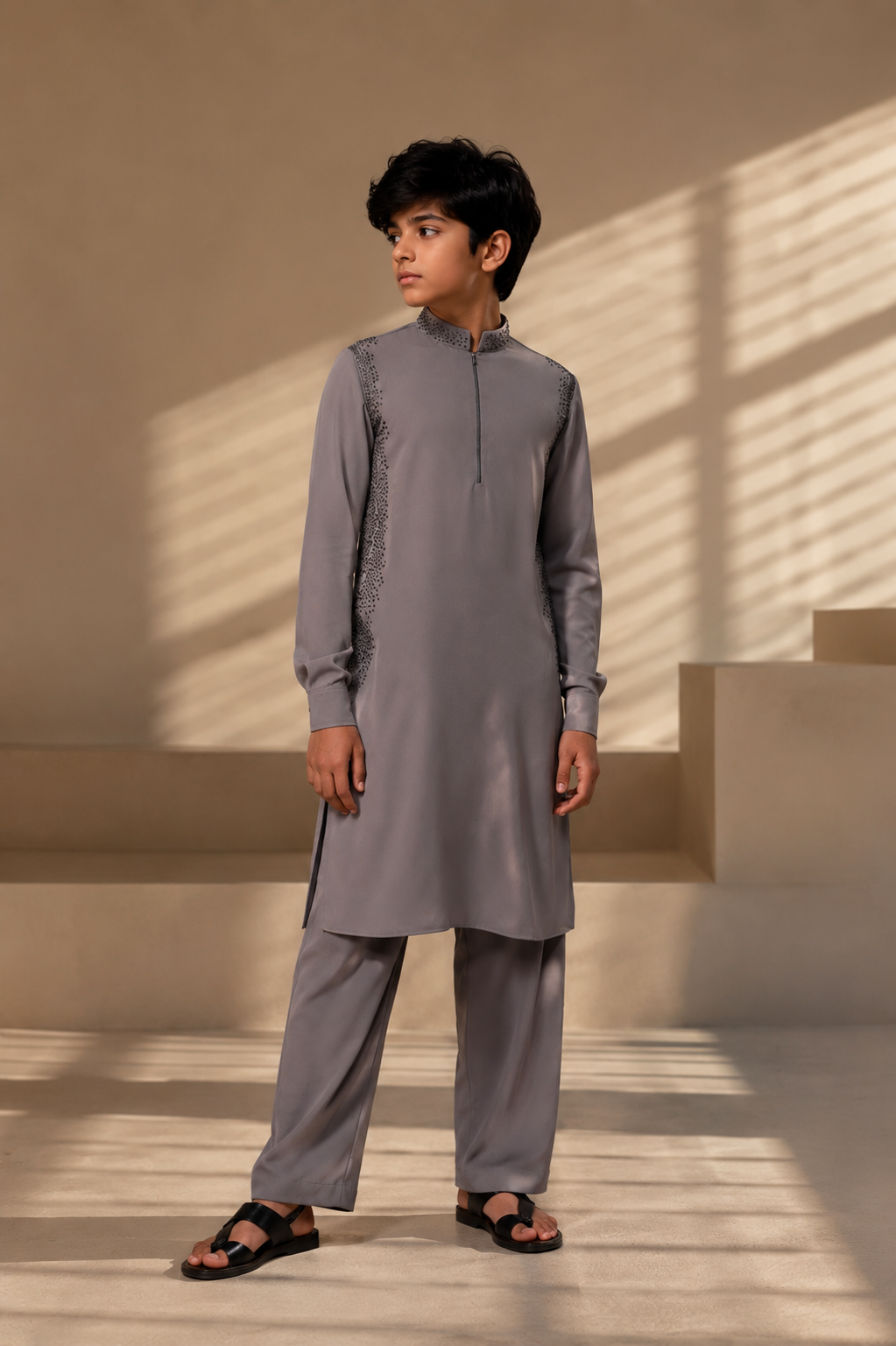 Featuring grey knit kurta enhanced with antique grey metal beads in grading pattern paired with aligarhi pants