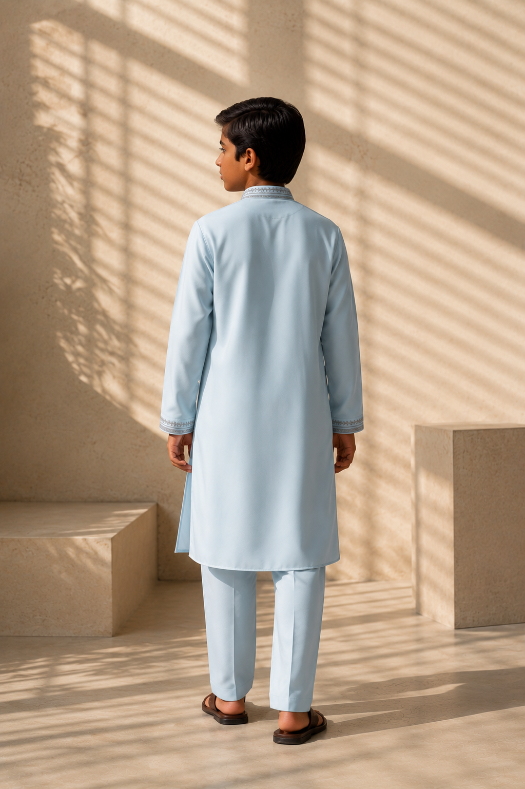 Featuring teal knit kurta embelished with metal components on front placket cuffs and collar paired with aligarhi pants