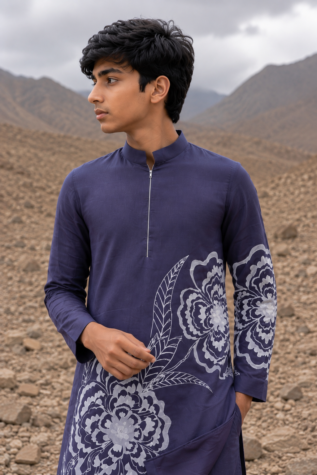 Featuring grey silk fusion kurta with enhanced floral motif in machine embroidery paired with aligarhi pants. Perfect ensemble for pre wedding occaions