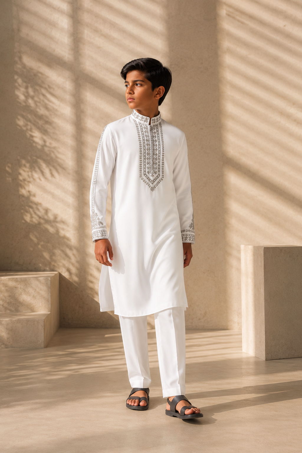 Featuring white knit kurta embelished with metal hand embroidery highlighting placket and sleeves paired with aligarhi pants