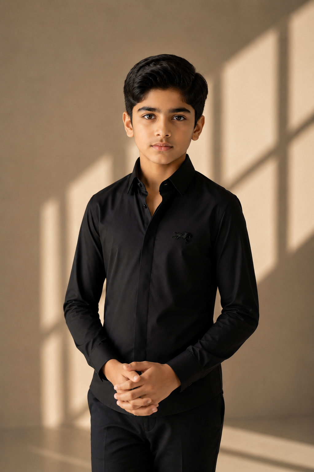 Black shirt with hidden button placket & a horse brooch