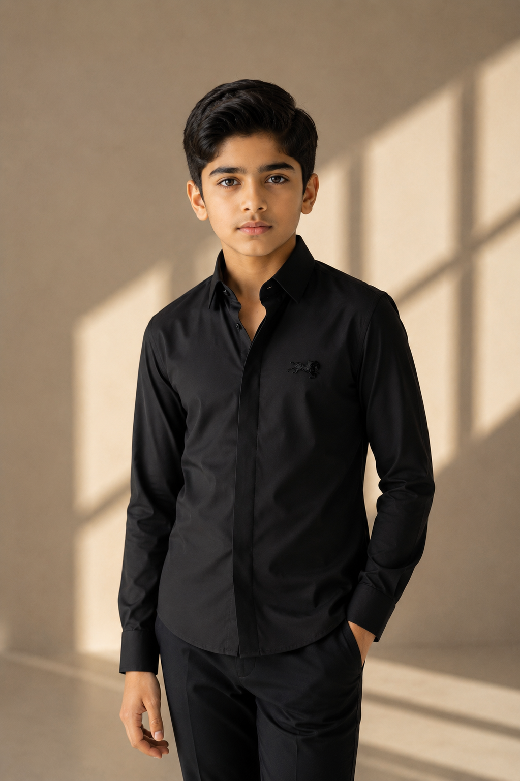 Black shirt with hidden button placket & a horse brooch