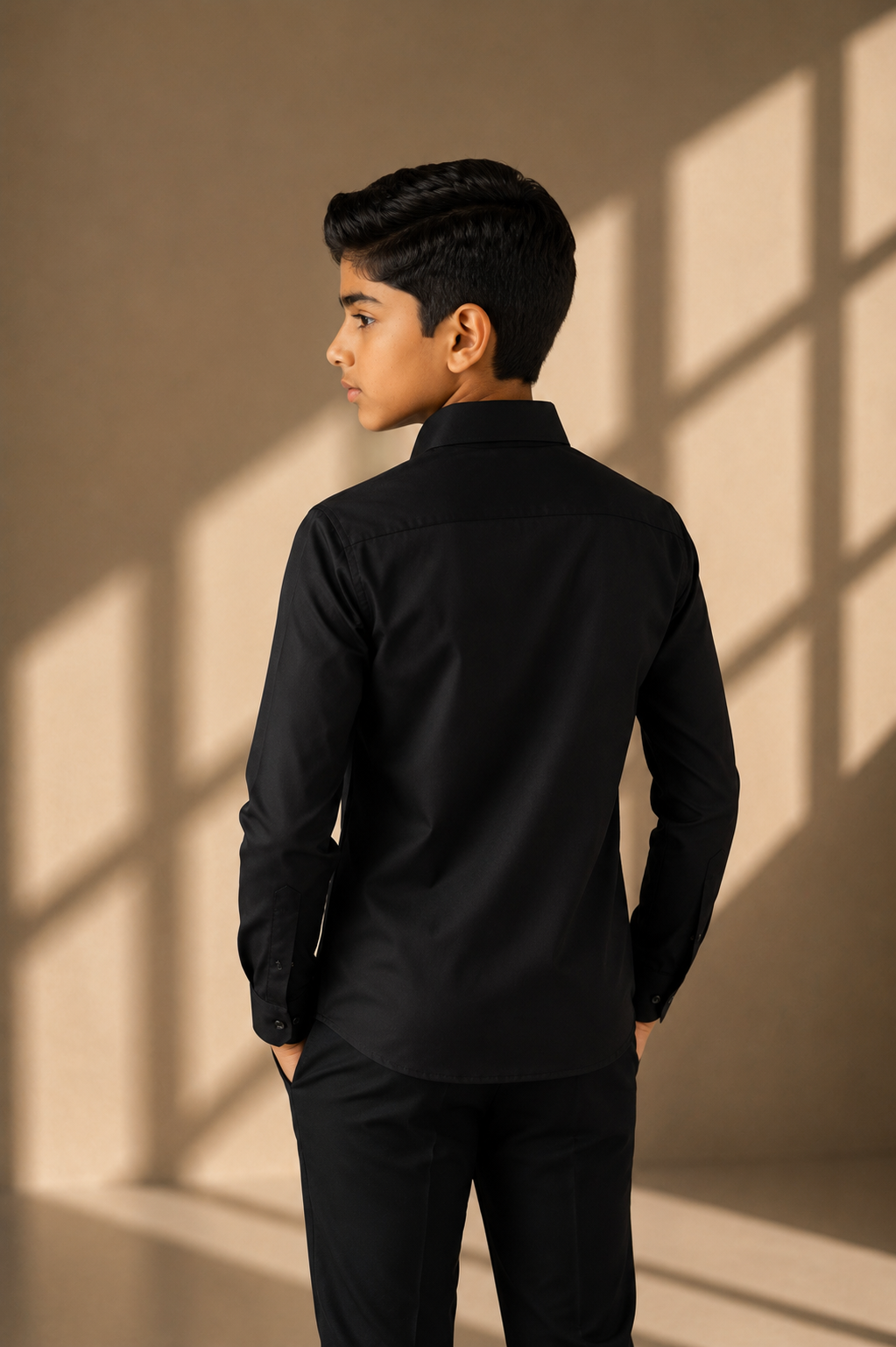 Black shirt with hidden button placket & a horse brooch