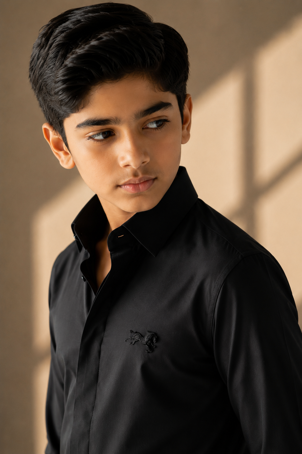 Black shirt with hidden button placket & a horse brooch