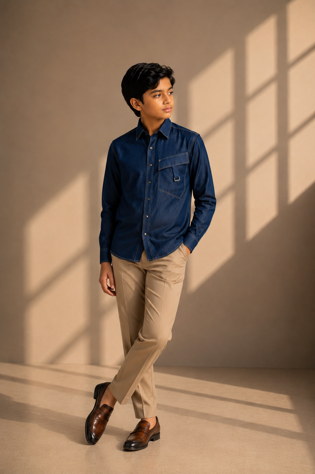 Dark denim shirt with patch pocket & buckle detailing