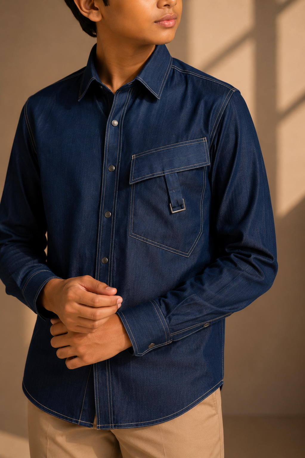 Dark denim shirt with patch pocket & buckle detailing