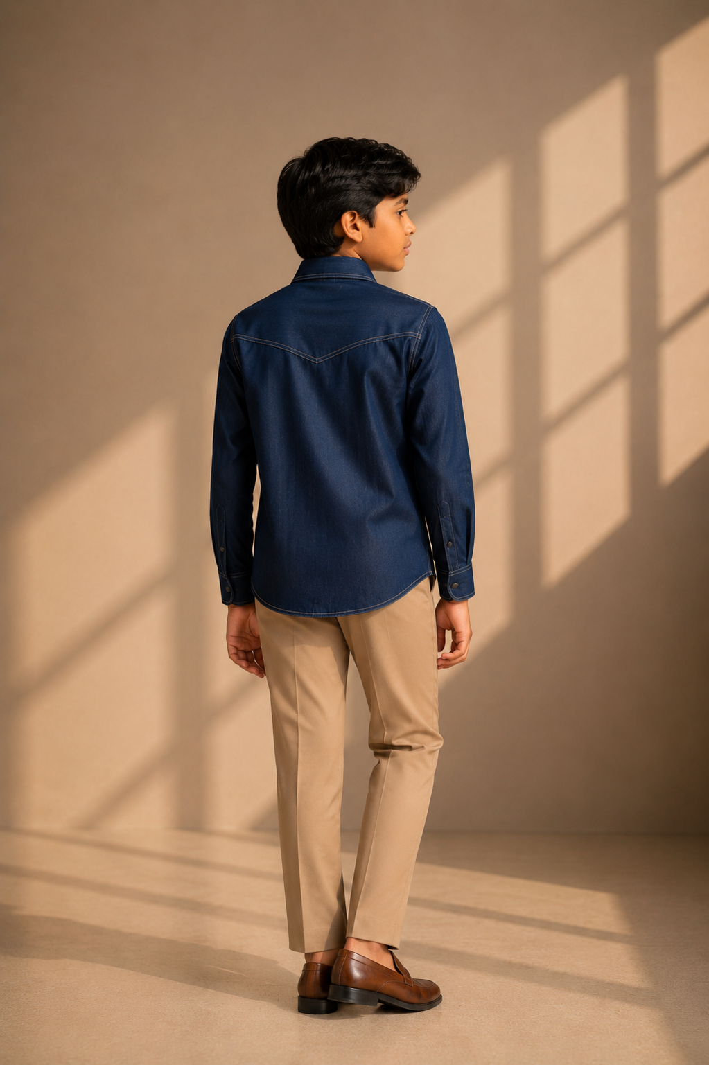 Dark denim shirt with patch pocket & buckle detailing