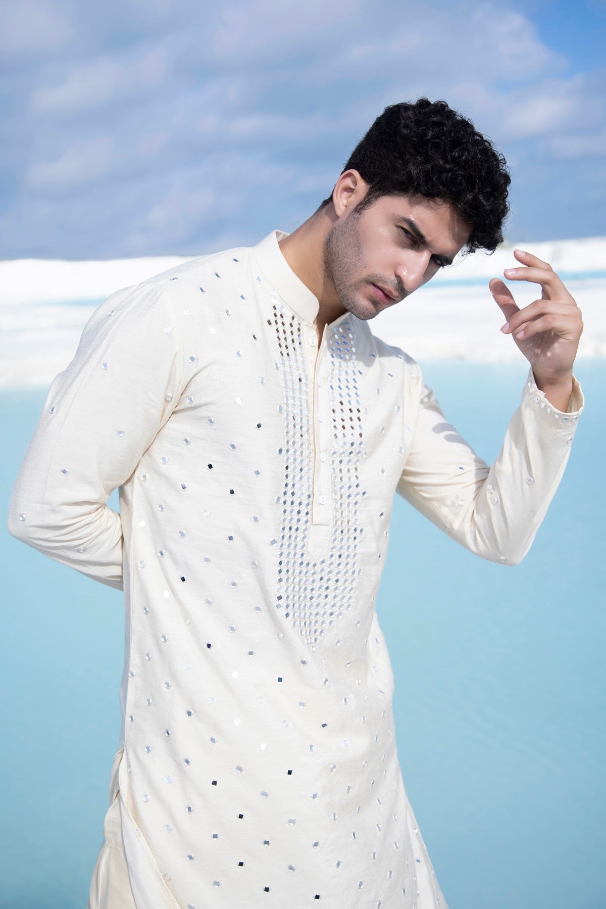 Pastel Silk Kurta with hand embroidered mirror work paired with Alighari pyjami