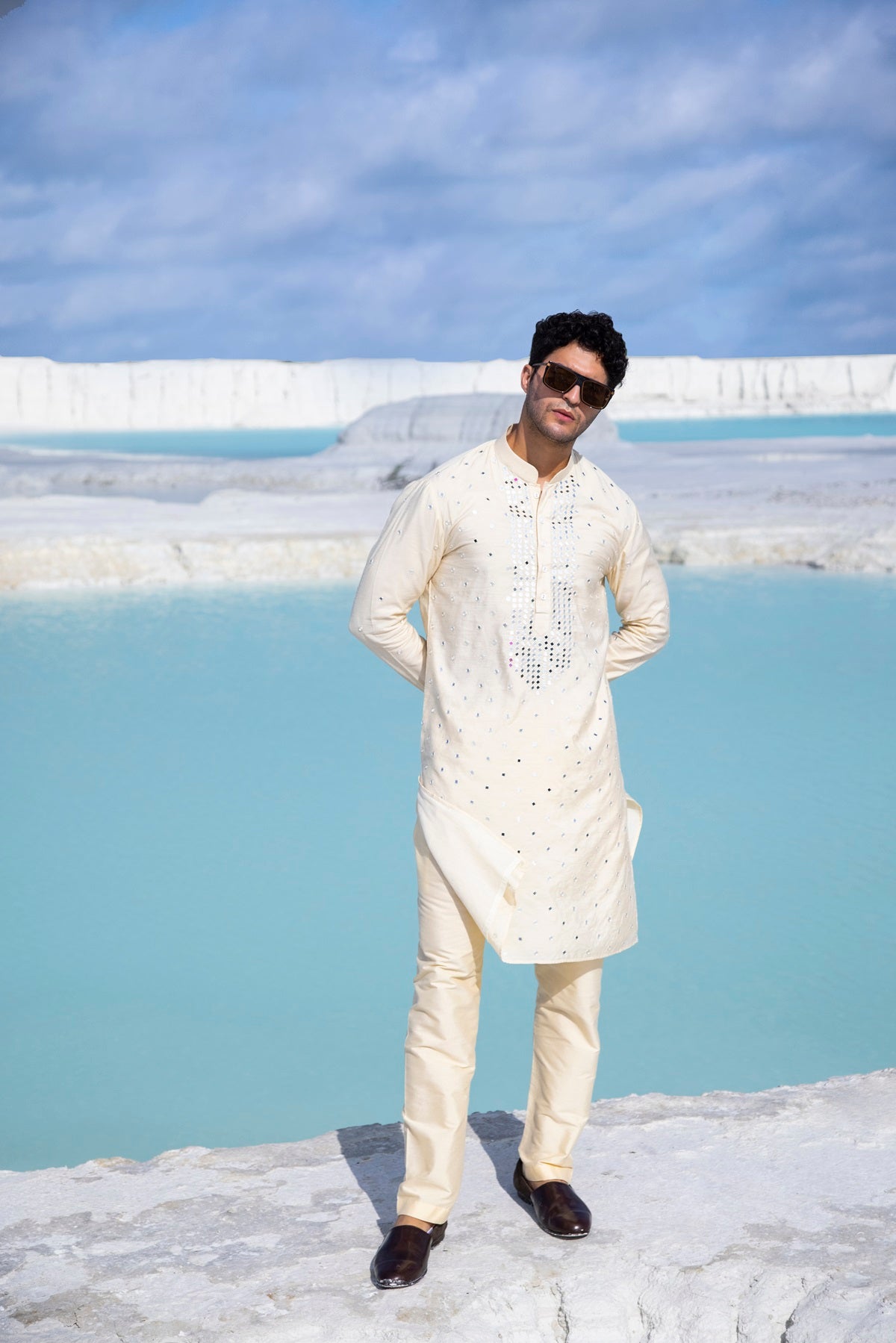 Pastel Silk Kurta with hand embroidered mirror work paired with Alighari pyjami