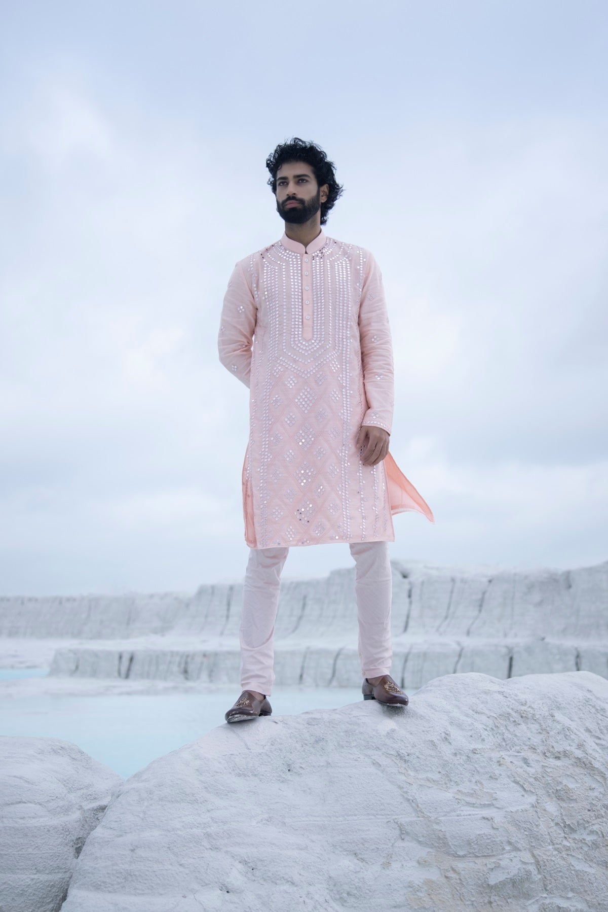 Pastel Silk Kurta with hand embroidered mirror work paired with Alighari pyjami