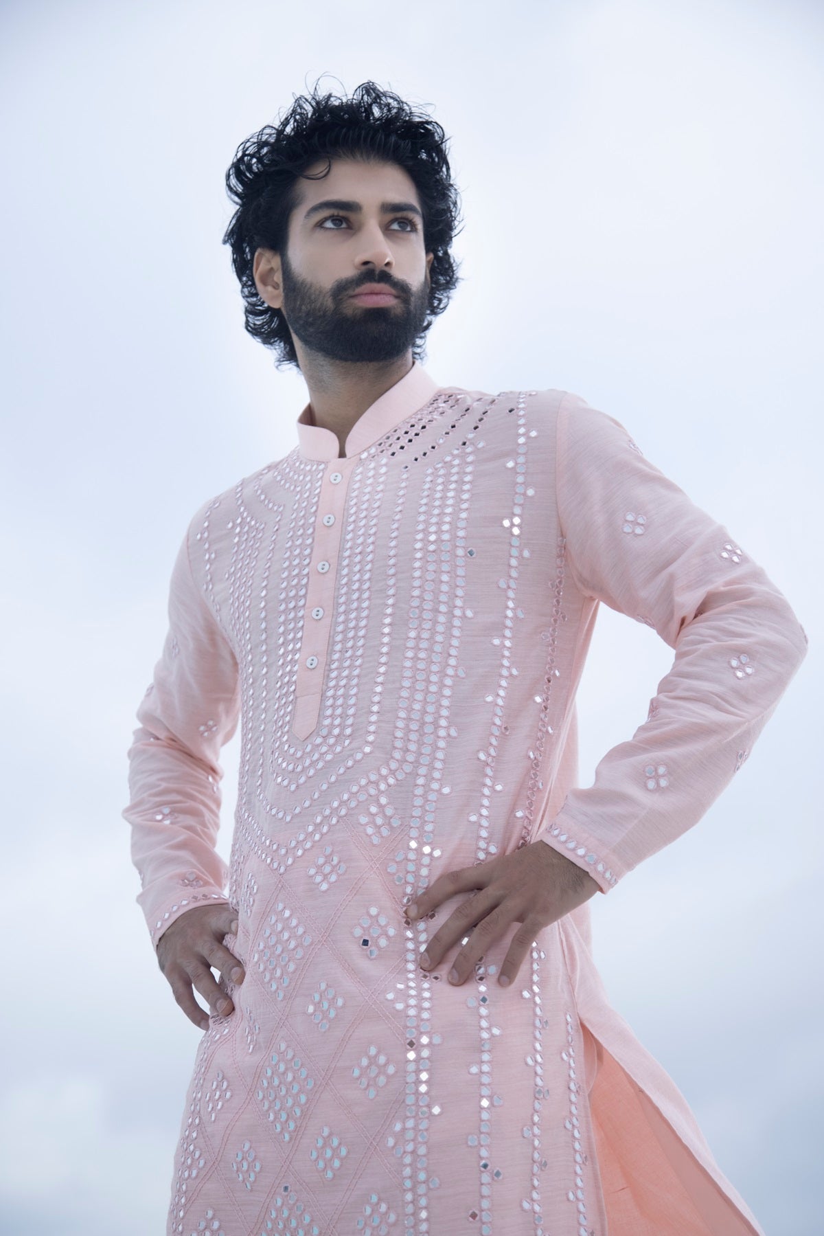 Pastel Silk Kurta with hand embroidered mirror work paired with Alighari pyjami