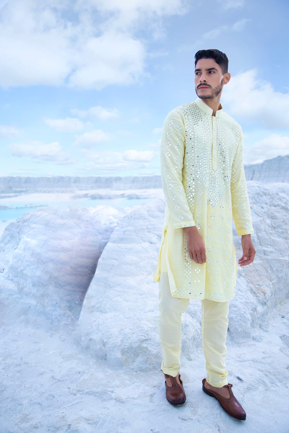 Pastel Silk Kurta with hand embroidered mirror work paired with Alighari pyjami