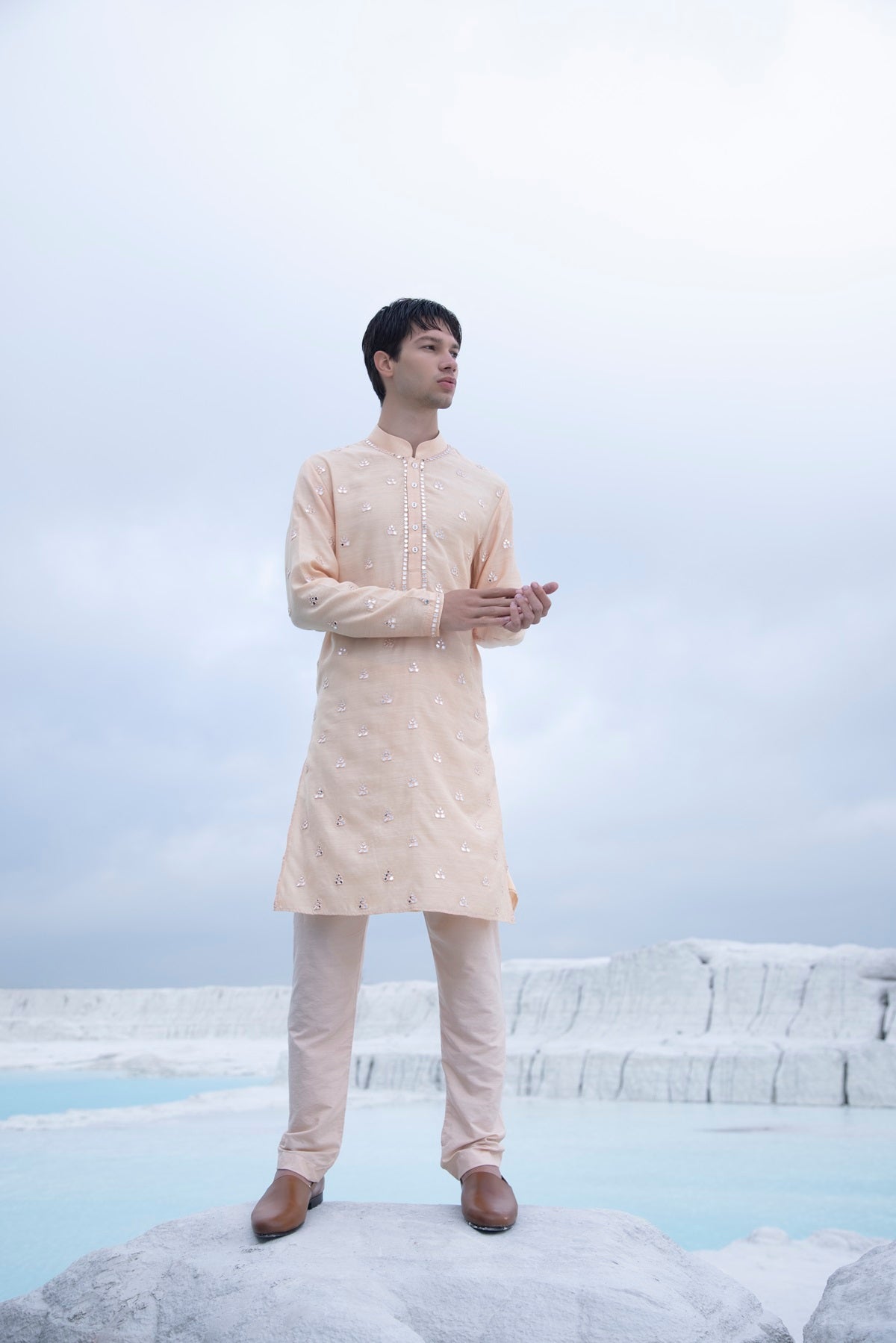 Pastel Silk Kurta with hand embroidered mirror work paired with Alighari pyjami